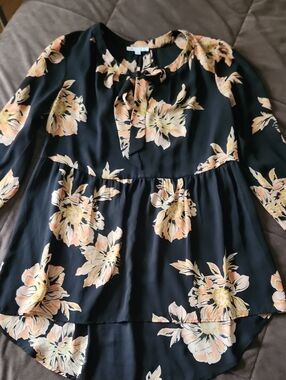 DR2 Black Floral Print Top with Peach and Neon Yellow Accents